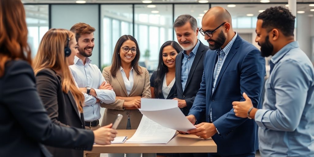 Group of business owners discussing commercial insurance options.