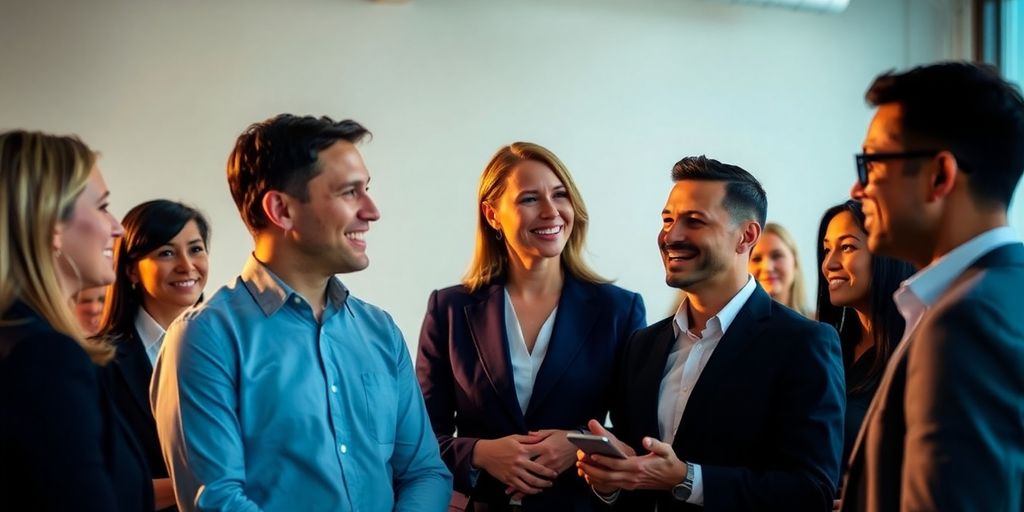 Diverse business team discussing commercial insurance in office.