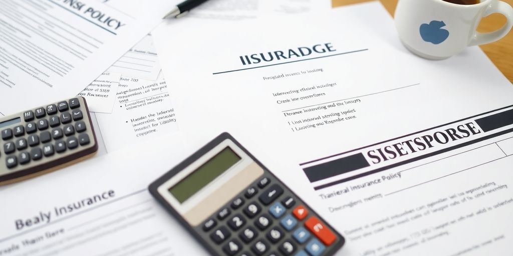 Insurance documents and calculator on a table.