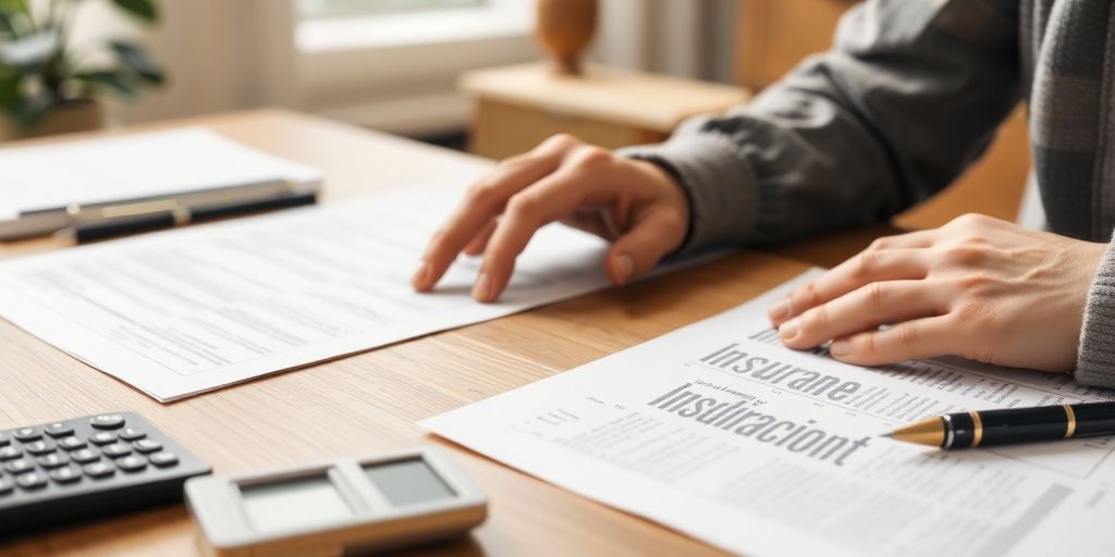 Person analyzing insurance documents on a desk.