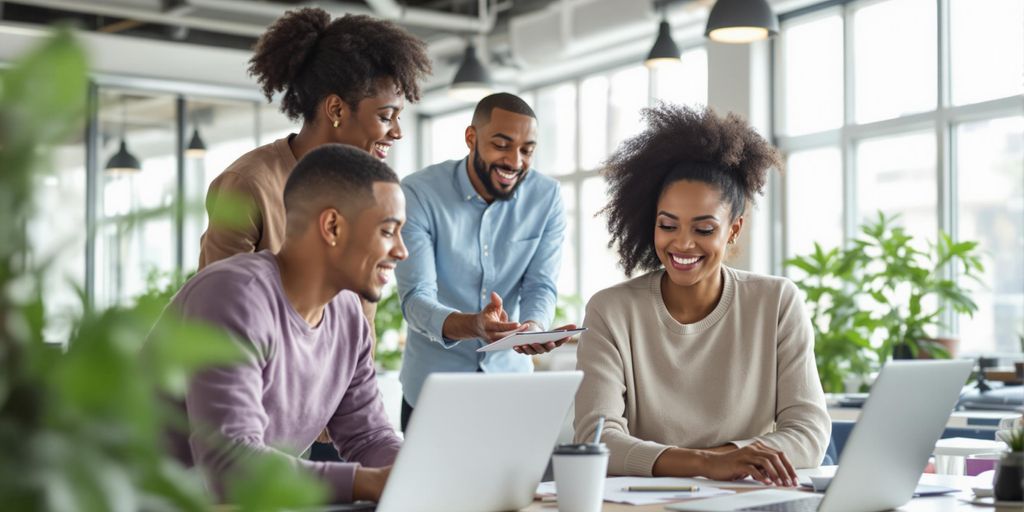Diverse employees collaborating in a bright office space.
