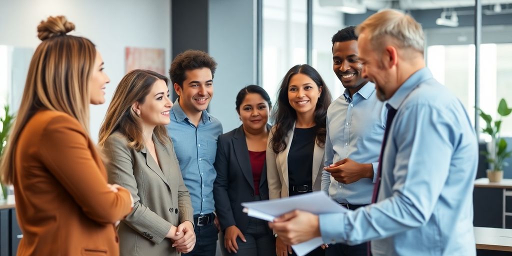 Employees discussing general liability insurance in an office.