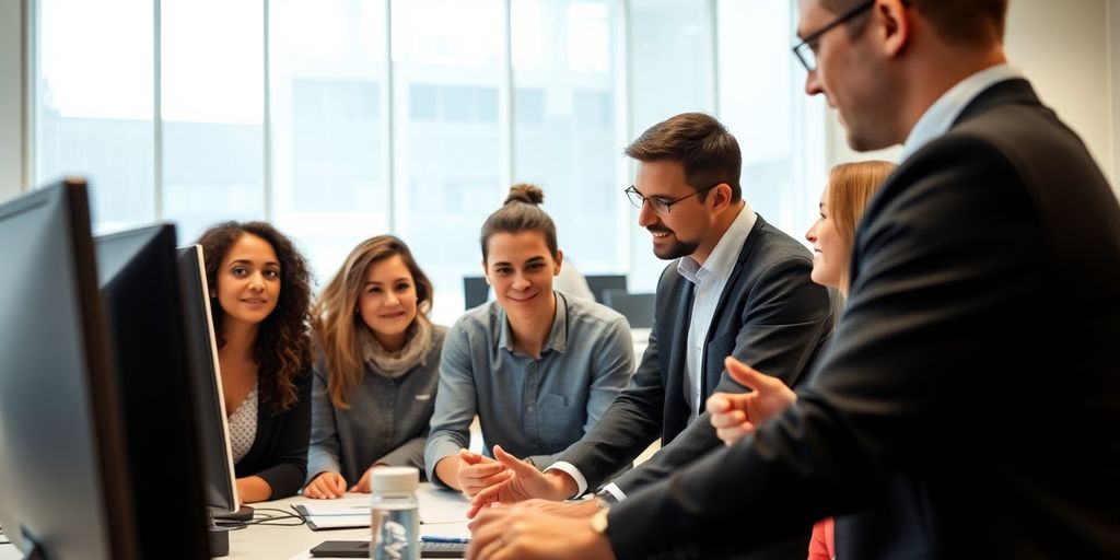 Employees collaborating in a modern office space.