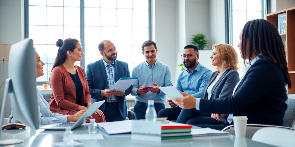 Business owners discussing insurance in a modern office.