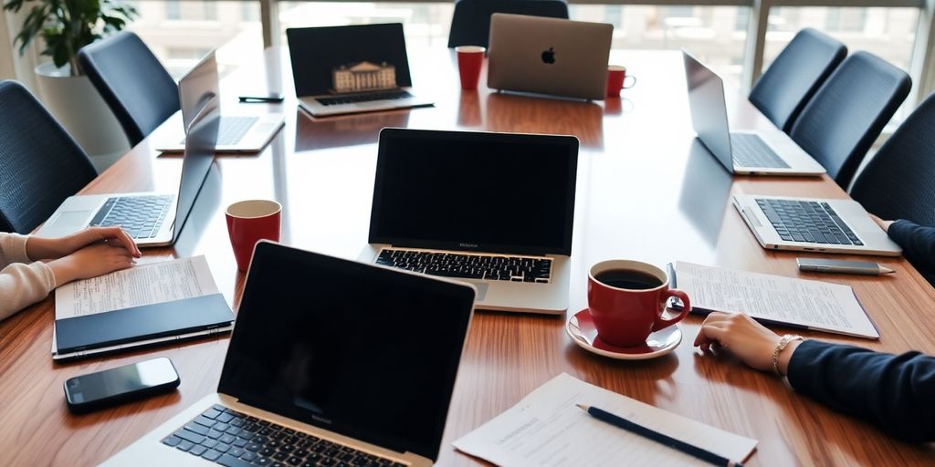 Business meeting table with laptops and notepads.