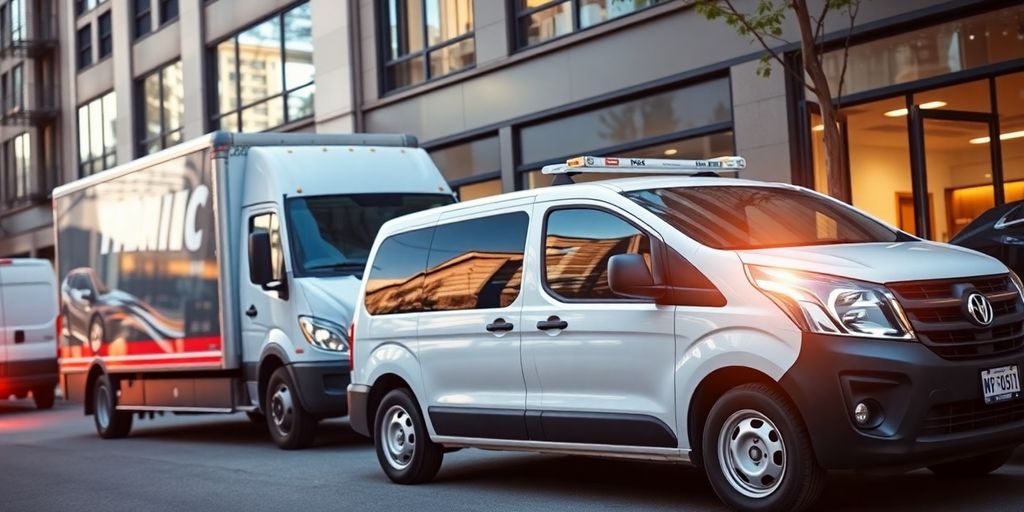 Commercial vehicles parked outside a business location.