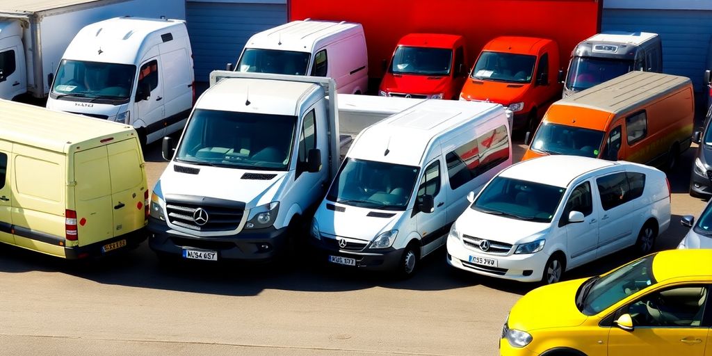 Diverse commercial vehicles parked in a business environment.