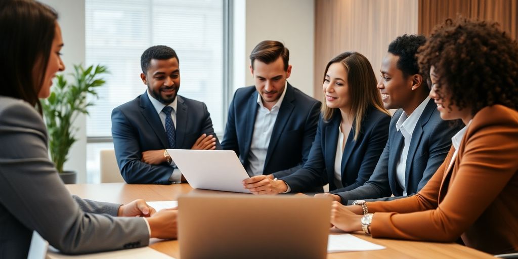 Business professionals discussing liability insurance options at table.