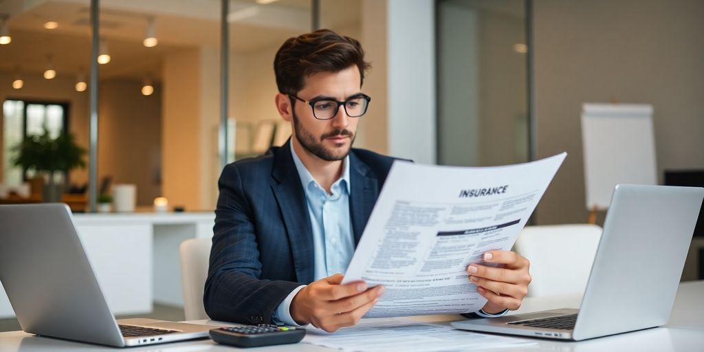 Business professional reviewing insurance documents in an office.