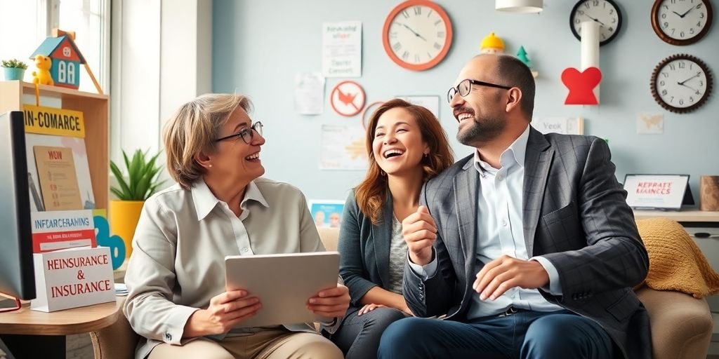 Two people laughing in an insurance office.