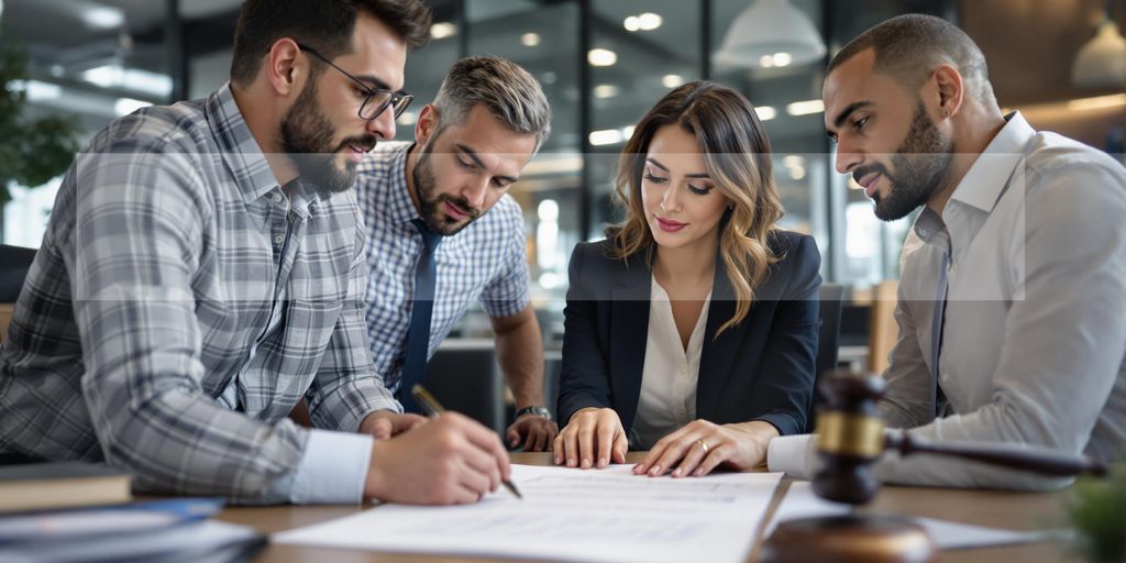 Team collaborating in an office over a legal document.