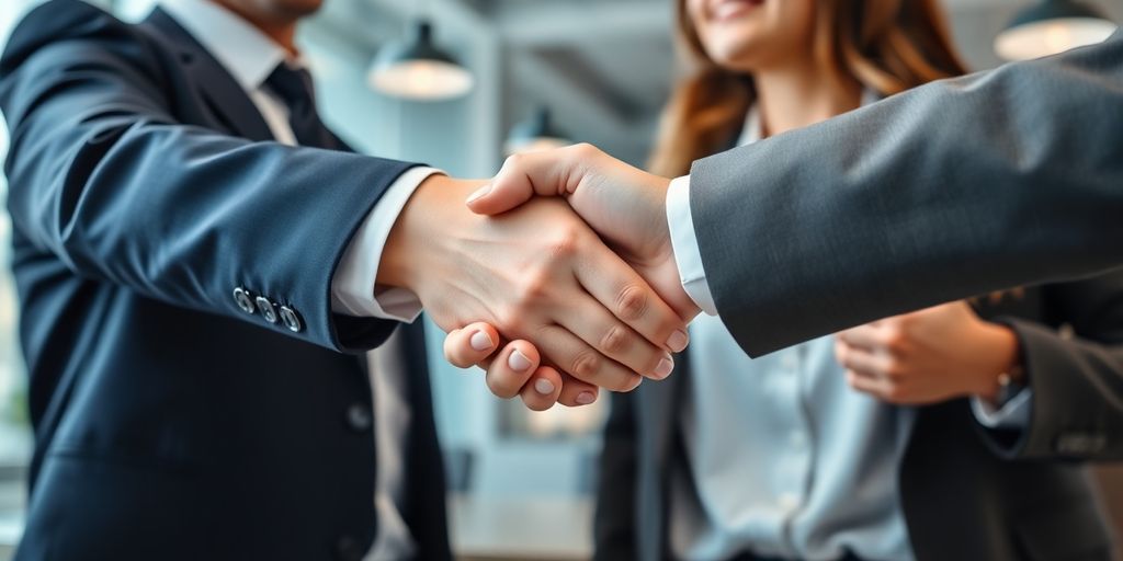 Business handshake in a modern office setting.