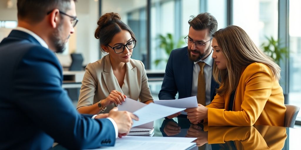 Business professionals discussing contracts in a modern office.