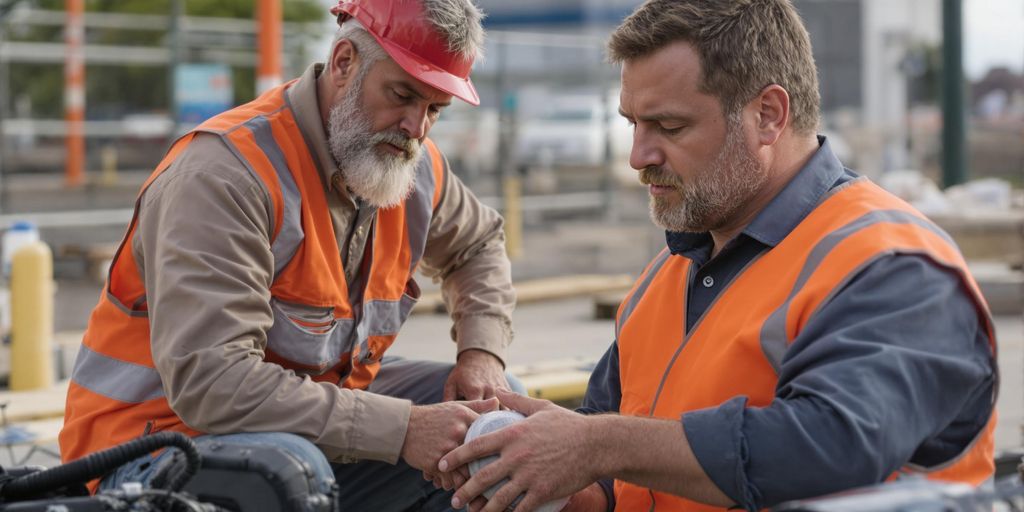Concerned employer observing injured worker at the site.
