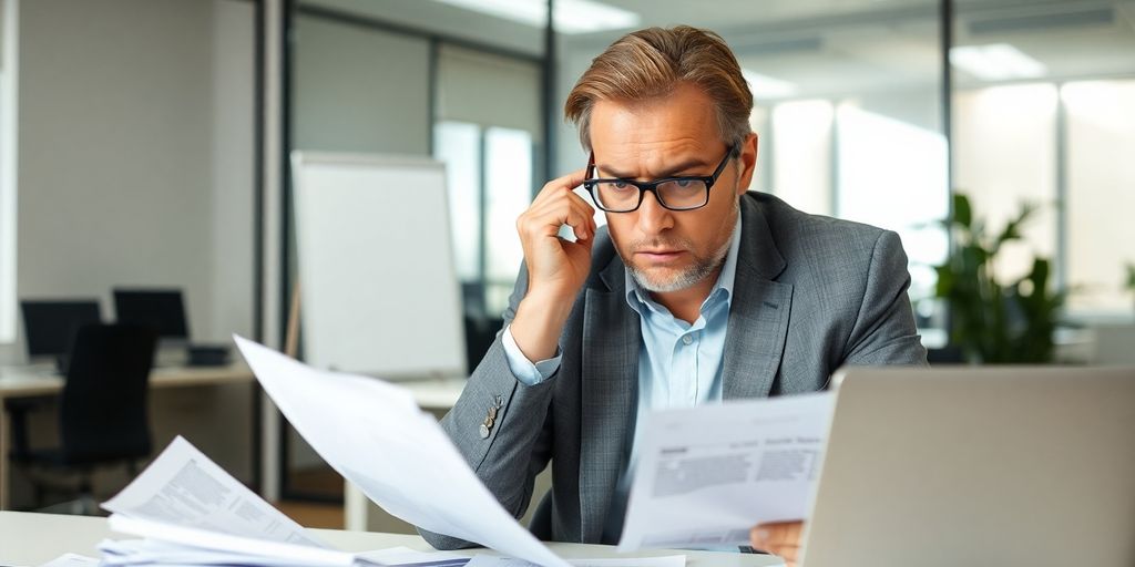 Distressed business owner reviewing paperwork in office.