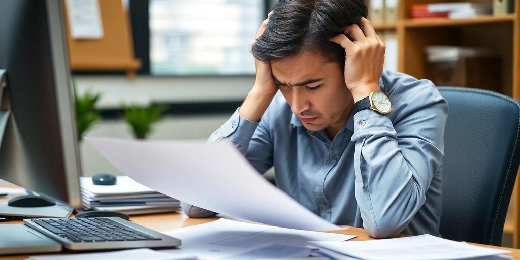 Worried employee at desk, showing concern for injuries.
