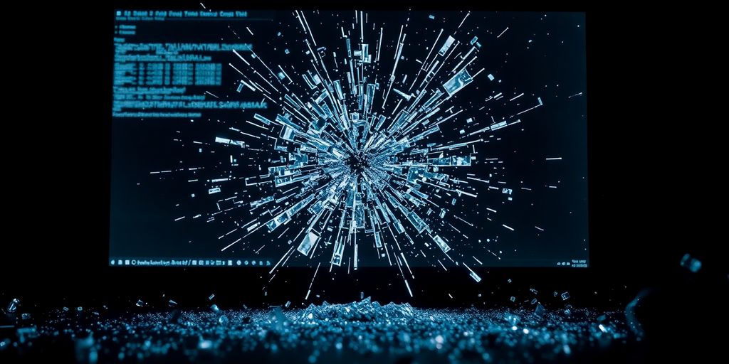 Smashed computer screen with digital debris around it.