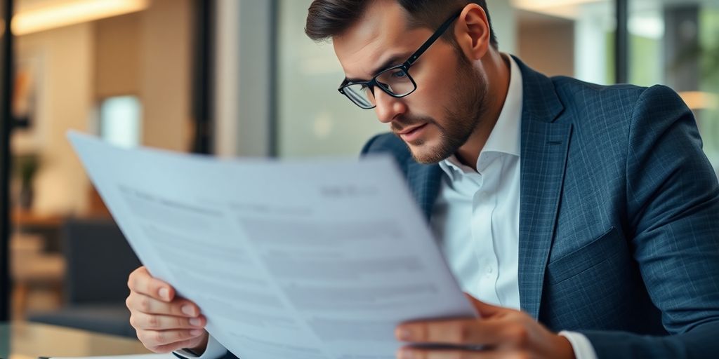 Business professional examining contract in modern office.
