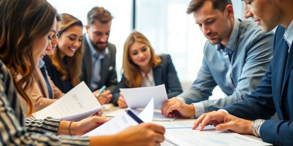 Business team reviewing documents in a meeting.