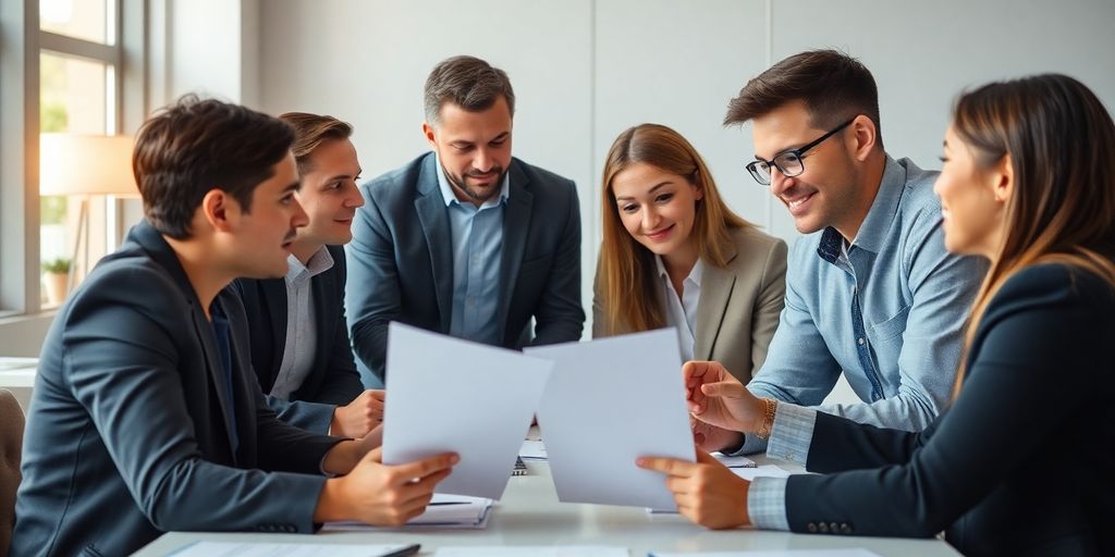 Diverse team collaborating in a business meeting.