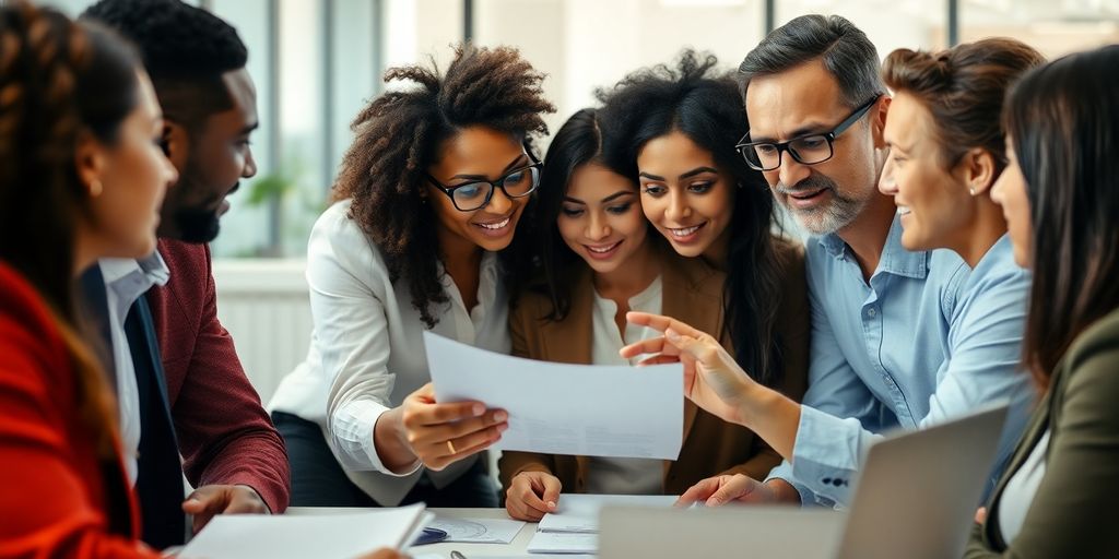 Group of professionals discussing insurance in an office.
