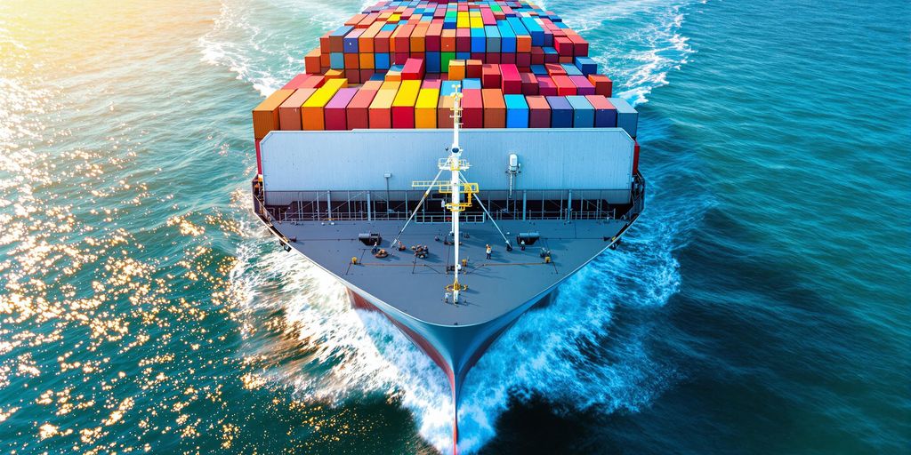 Cargo ship navigating through clear waters, loaded with containers.
