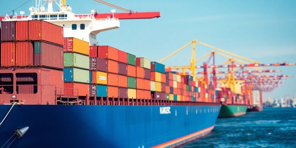 Cargo ship at port loaded with colorful containers.