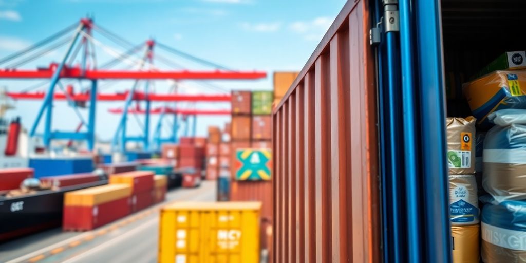 Cargo container at port, highlighting shipping importance.