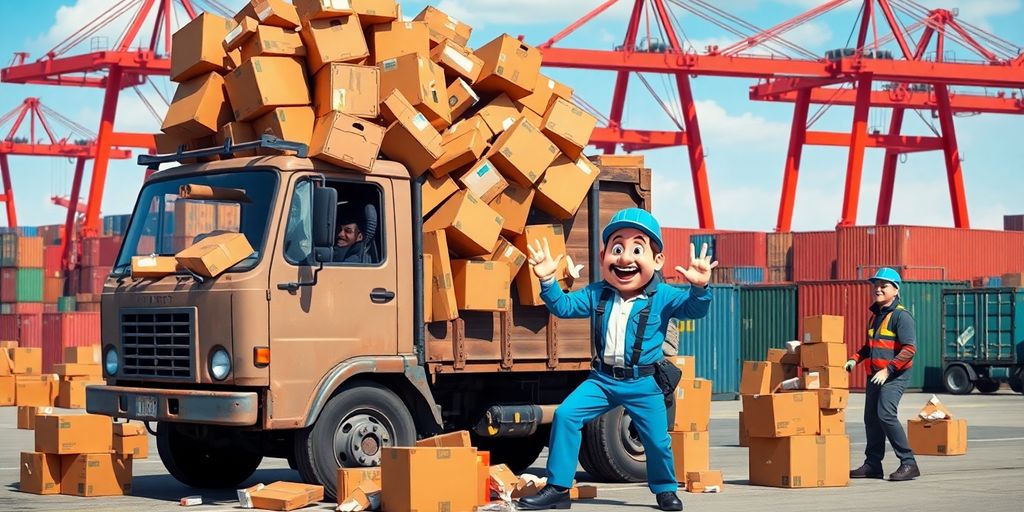 Humorous scene of cargo mishaps with overloaded truck.