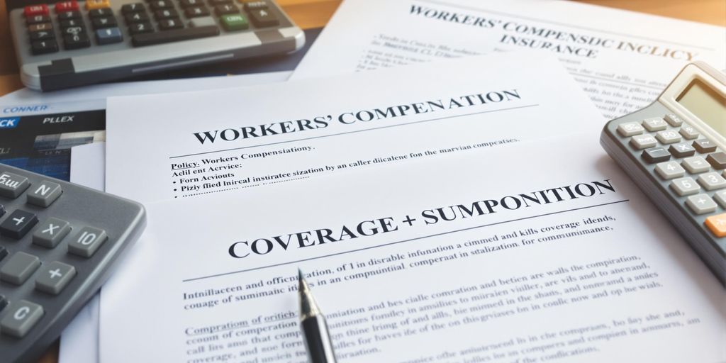 Workers' compensation policy components on a wooden desk.