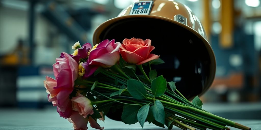 Memorial scene with flowers at a worker's helmet.