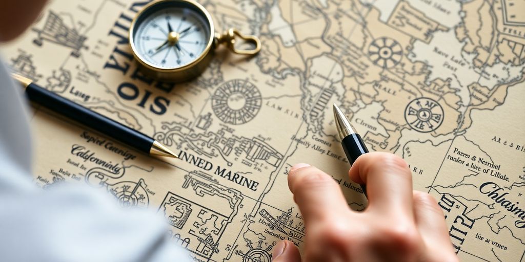 Person examining a nautical map with a compass and pen.