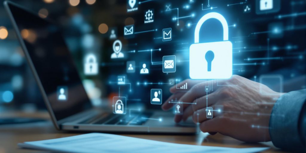 Person reviewing cyber insurance on a laptop.