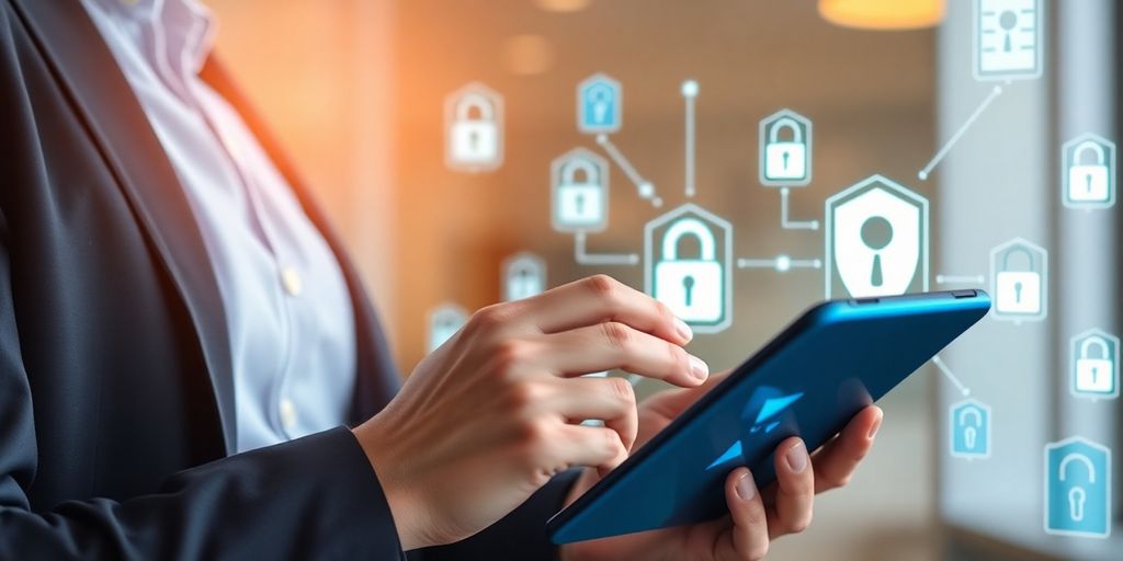 Person examining cyber insurance with digital security icons.