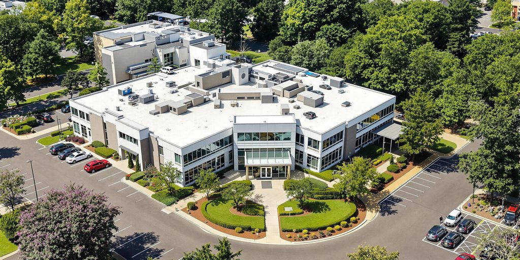 Modern office building with landscaping for insurance coverage.