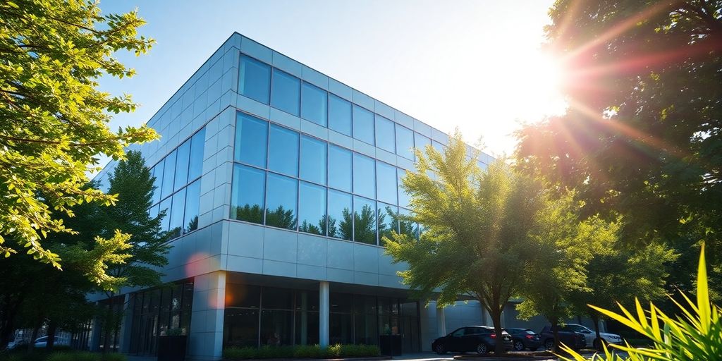 Modern commercial building with greenery and bright sunlight.