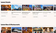 Website section showing thumbnail images and titles of the latest hotels and bars & restaurants listings.