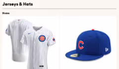 Chicago Cubs white pinstripe baseball jersey and blue cap with red C logo displayed side by side.