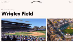 Two photos of Wrigley Field baseball stadium: one from the stands showing the field during a game, and one aerial view of the entire stadium.