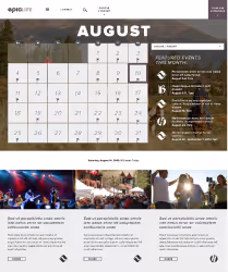 August calendar overlaying an outdoor scene with mountains and trees, featuring a list of local events on the right side.