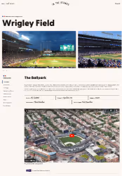 Website page showing information about Wrigley Field with photos of the baseball stadium and an aerial view map pinpointing its location.