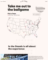 Map of the United States with marked locations for baseball teams under the title 'Take me out to the ballgame,' inviting viewers to pick a team.