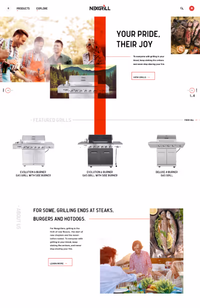 NexGrill website homepage showing group grilling outdoors, featured gas grills, and people enjoying a meal.