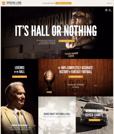 Website homepage for Toyota Hall of Fame featuring a bronze bust, slogan 'It's Hall or Nothing', sections on legends, fantasy football history, draft tips, and Toyota Camry winners.