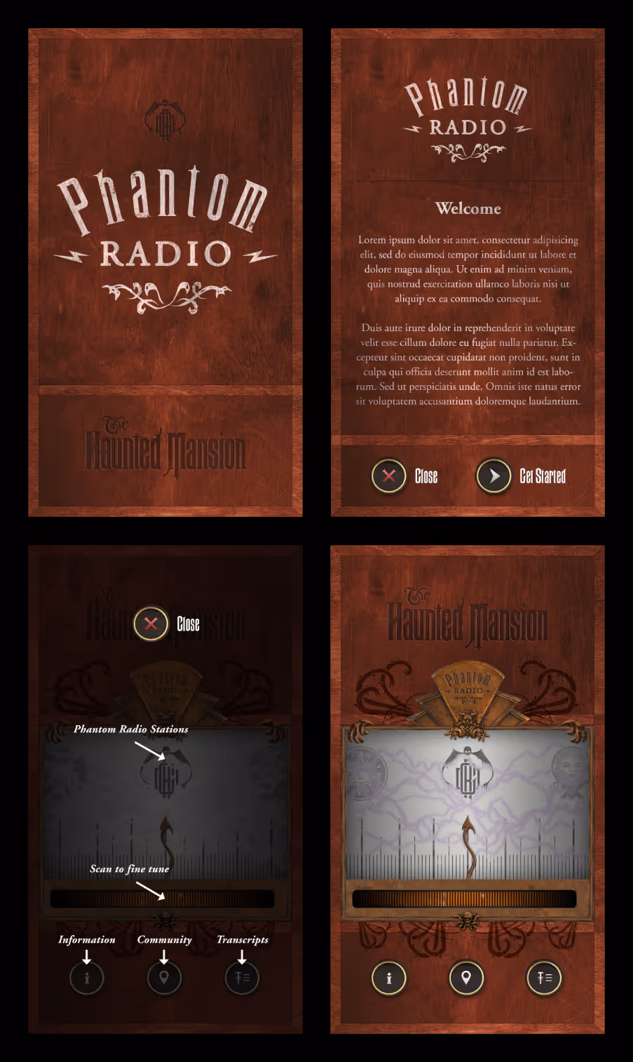 Four screenshots of Phantom Radio app with wooden background, featuring a logo, welcome text, radio tuning interface, and navigation buttons for info, community, and transcripts.