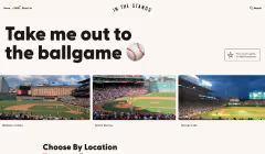 Website header with text 'Take me out to the ballgame' above three panoramic photos of baseball stadiums during game time.