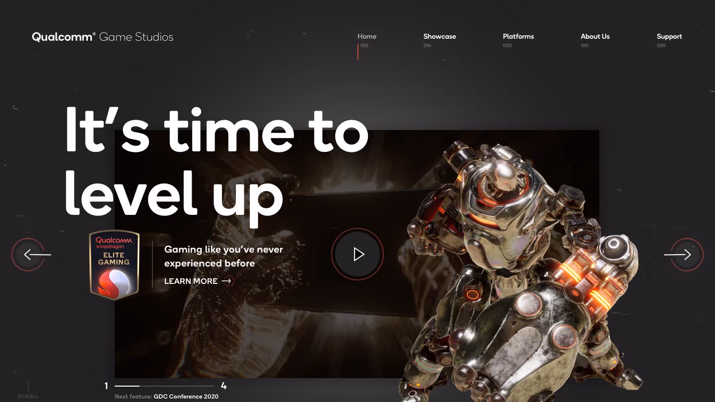 Qualcomm Game Studios web page with text 'It's time to level up' and a futuristic armored robot on the right.