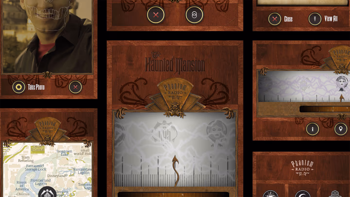 Digital interface for The Haunted Mansion Phantom Radio app showing a spooky-themed map, ghostly radio display, and a photo capture feature with skull overlay.