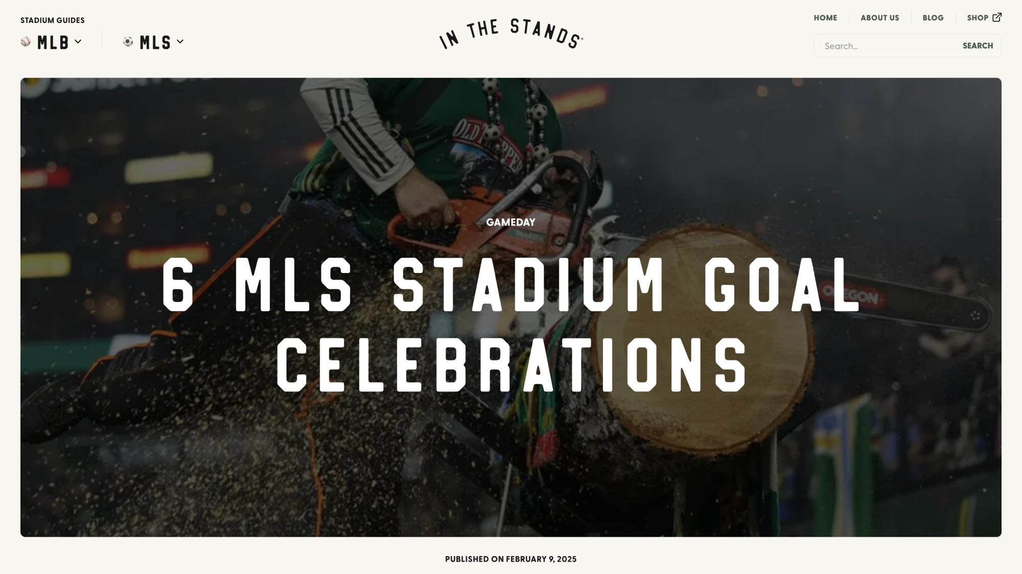 Person using a chainsaw to cut a log with wood chips flying in the air during an event called '6 MLS Stadium Goal Celebrations'.