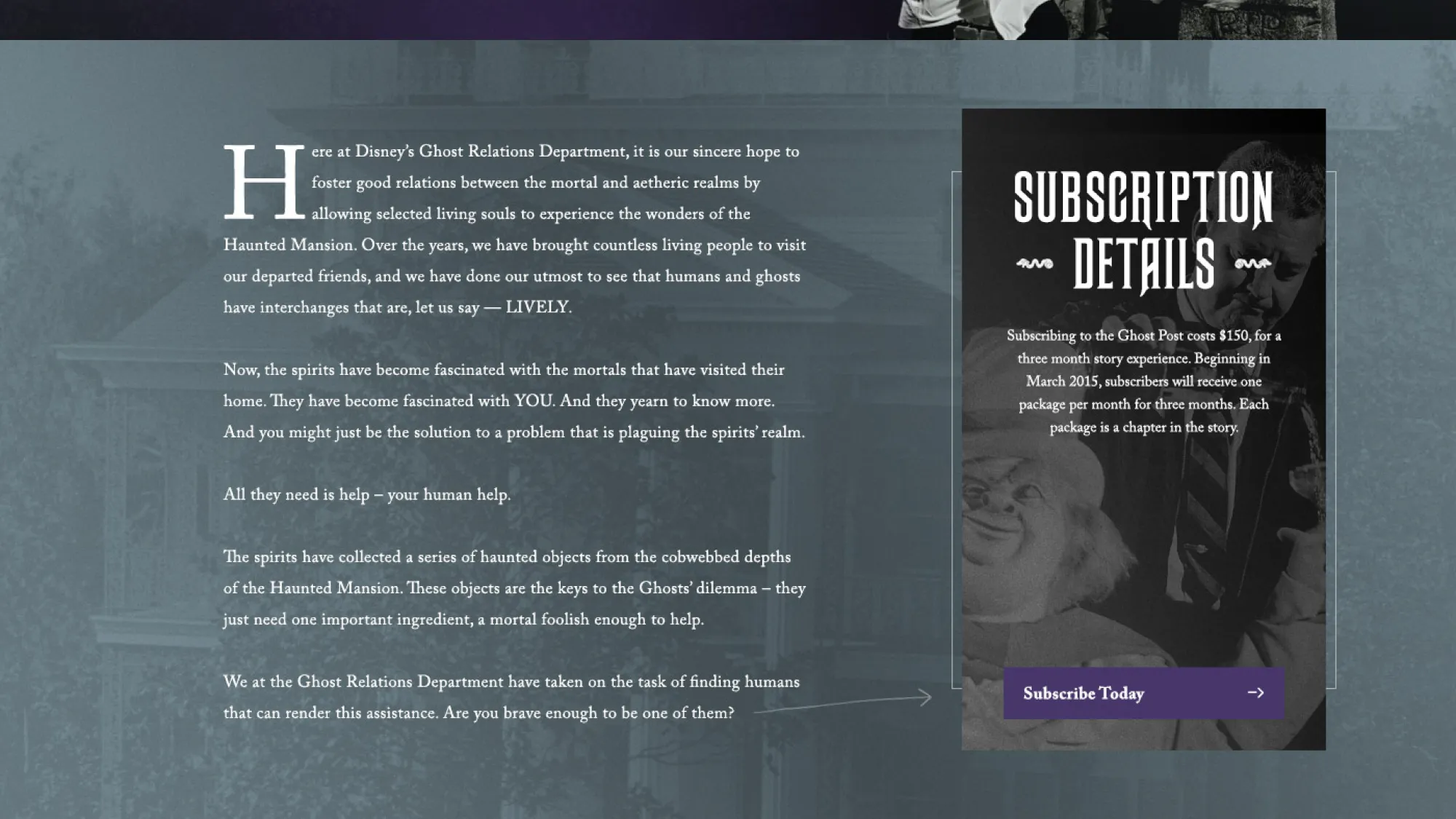 Text describing Disney's Ghost Relations Department inviting humans to help spirits and subscription details for the Ghost Post story experience.